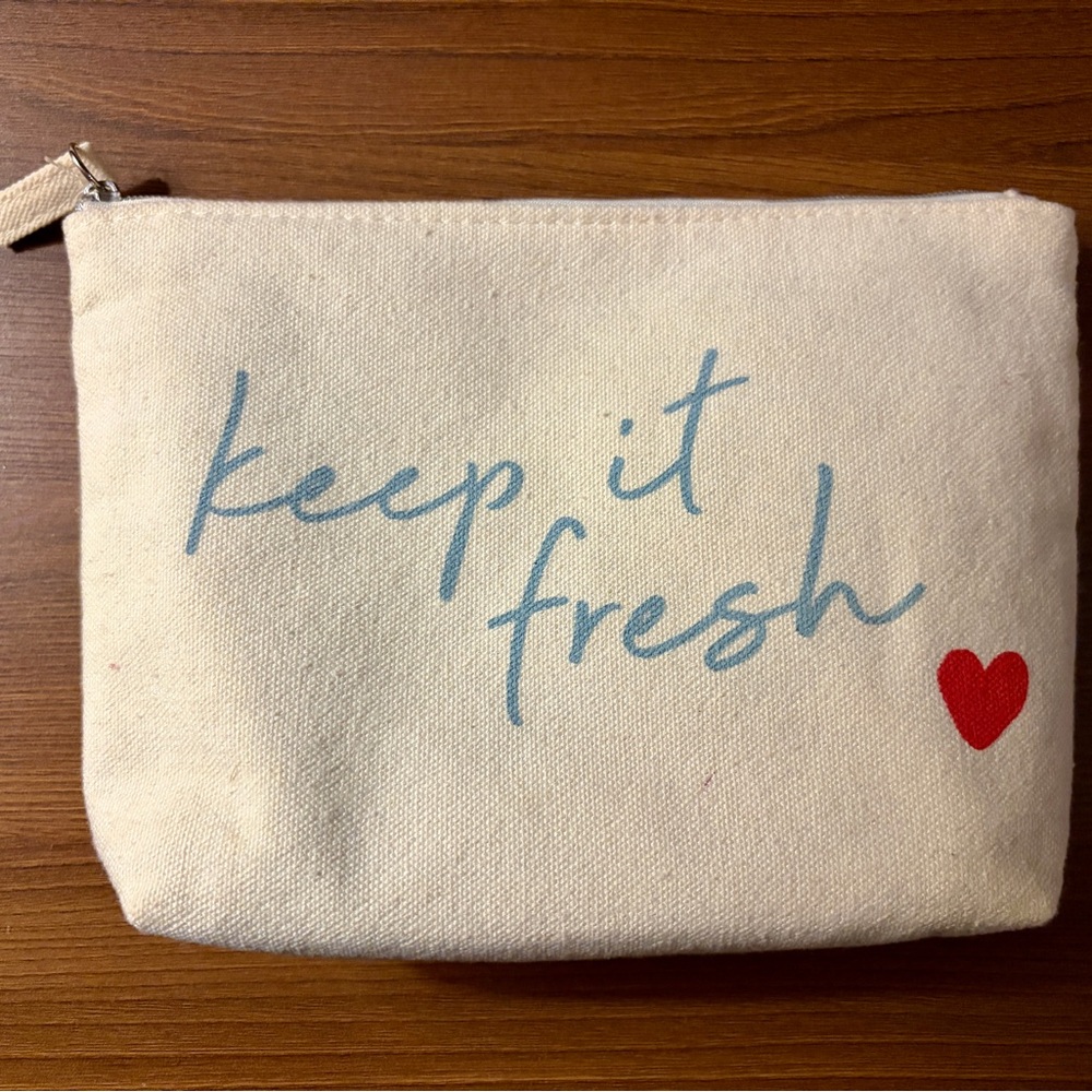 BRAND NEW Fresh Canvas Pouch with Blue Script and Red Heart